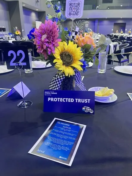 Our table at the Early Learning Coalition summit, with the Protected Trust card among the flowers
